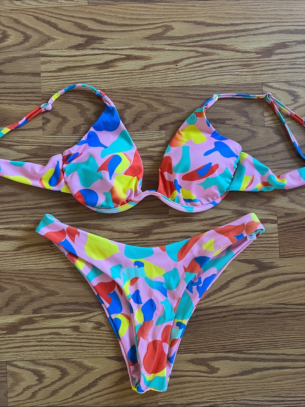 Zaful Multicolor Abstract Print Bikini - Pink, Blue, Yellow, Red, Green